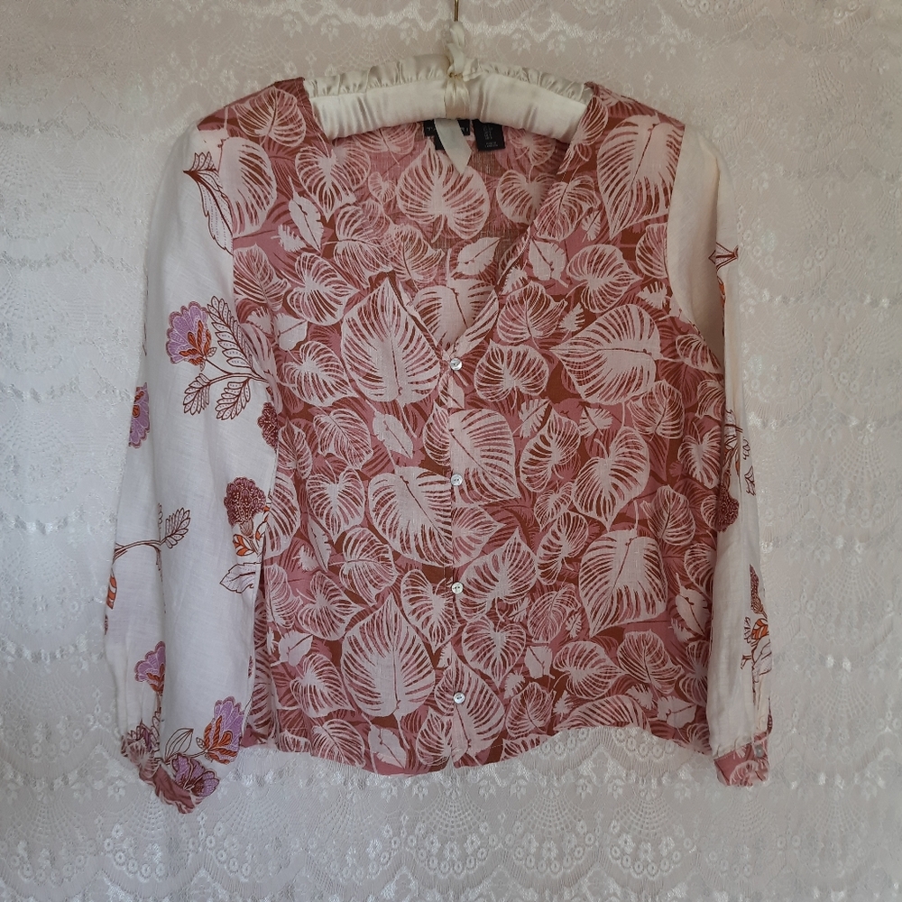 Tahari 100 % Linen Long Sleeve Button Down Floral Print Blouse Size S